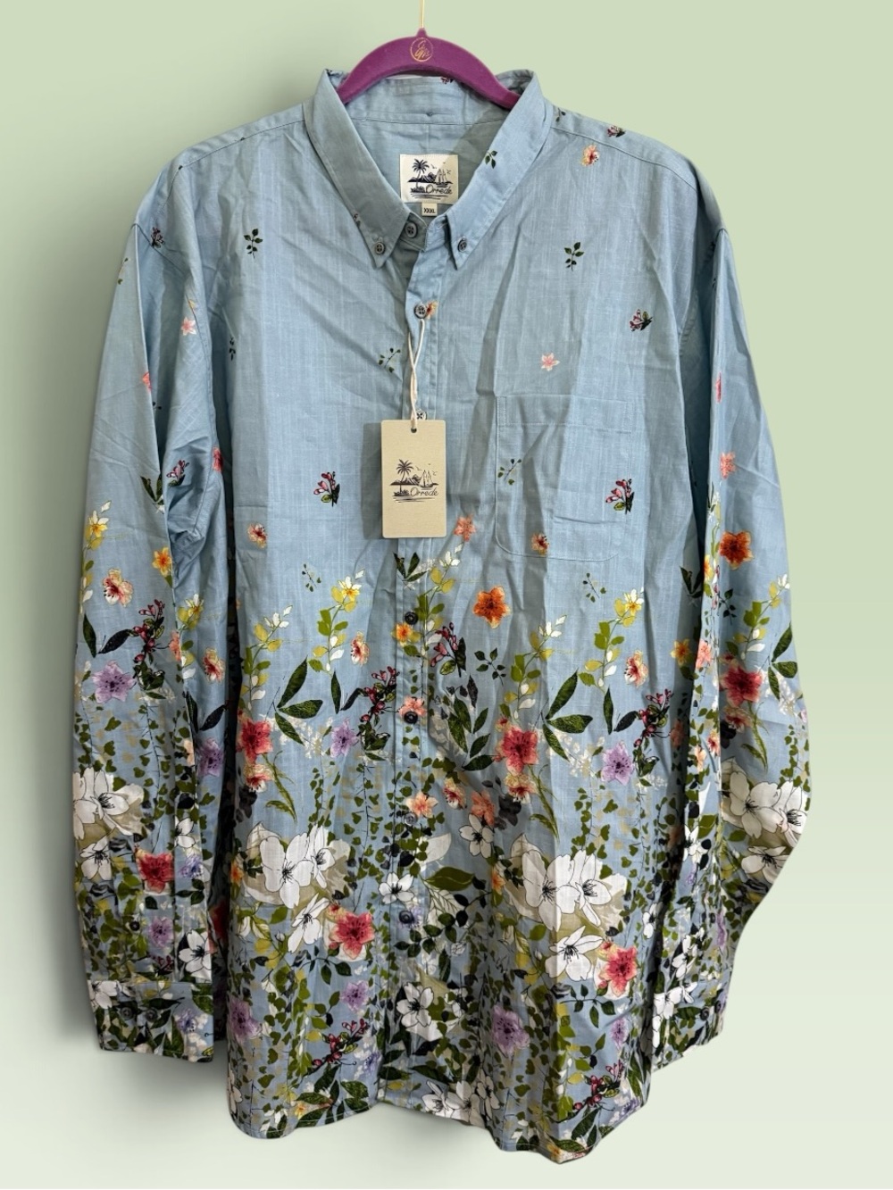 Orrede Women's XXXL Floral Button Down Blouse NWT 100% Cotton Light Blue